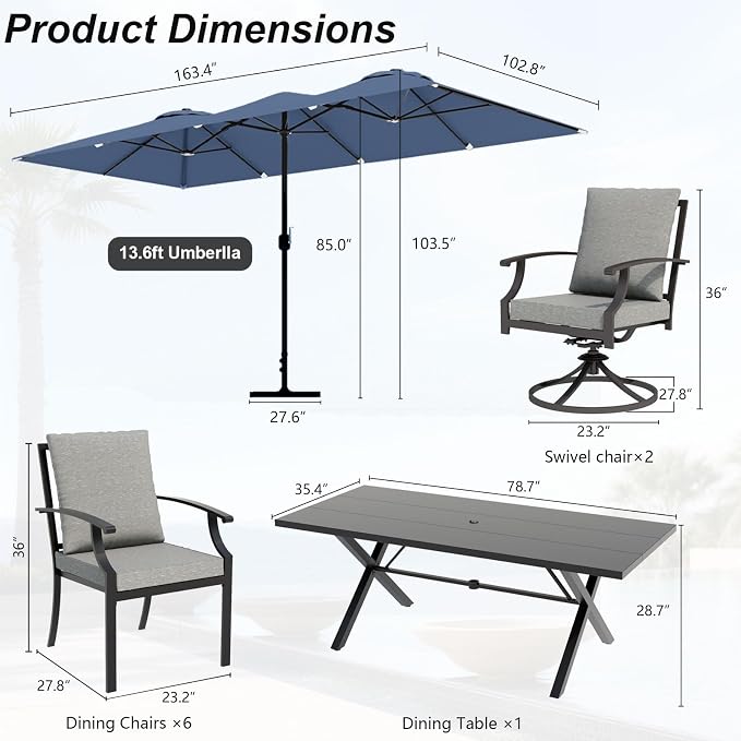 10 Piece Outdoor Dining Set for 8, Patio Table and Chairs Set with Umbrella, Metal Patio Furniture Set with 2 Swivel Chairs, Outdoor Table and Chairs with Cushions for Lawn, Garden, Yard-Grey
