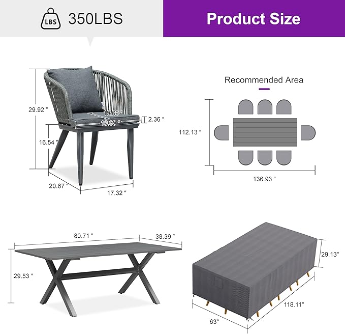 PURPLE LEAF 9 Pieces Patio Dining Set with Waterproof Furniture Cover Rectangular Table and Chairs Set for Garden Deck Aluminum Frame Backyard Kitchen Set, Cushions and Pillows Included Grey