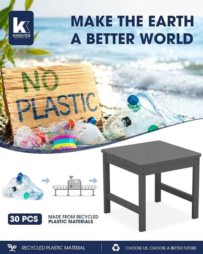 KINGYES Double Side Table with 1.6'' Umbrella Hole, HDPE Adirondack End Table- Gray