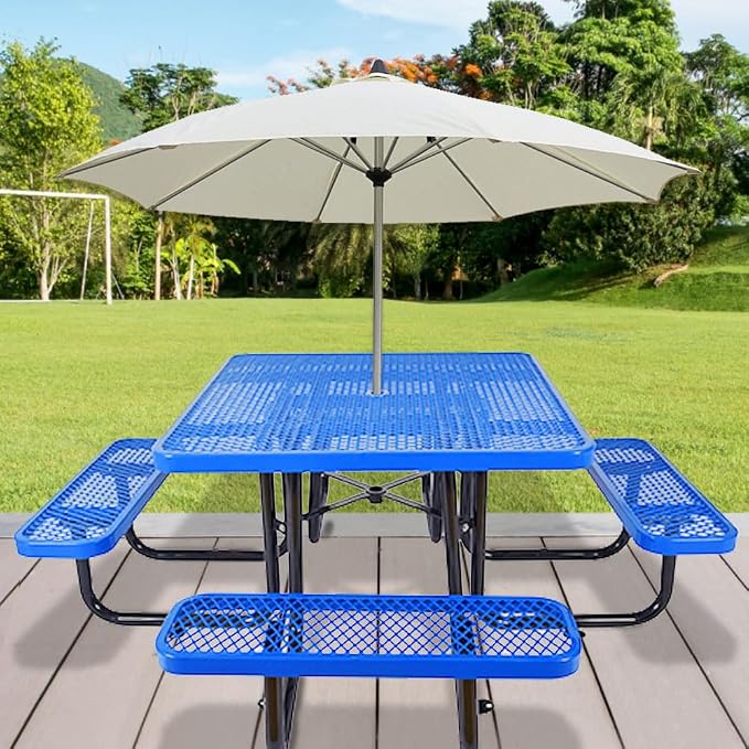 46" Square Metal Picnic Table for 4-8 Person, Durable Heavy Duty Commercial Picnic Table with Umbrella Hole for Outdoor Coffee Shop, School, Hospital, Easy to Install, Blue