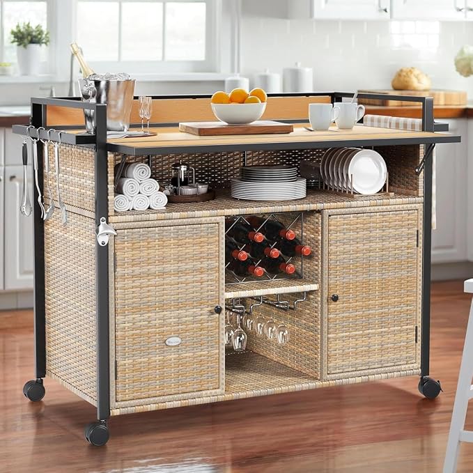 YITAHOME XL Outdoor Kitchen Wicker Island Rolling Cart Bar Table & Storage Cabinet, Wheels and Plastic Wood Extended Table Top, Double Handle for Patio Kitchen or Bar Cart,Light Yellow Gradient