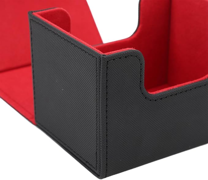PU Leather Card Deck Box with Magnetic Flap Lid, Large Capacity Card Storage Box/Cover for Tarot Cards and Game Cards, Protective Deck Holds 100, Black (Black Red)