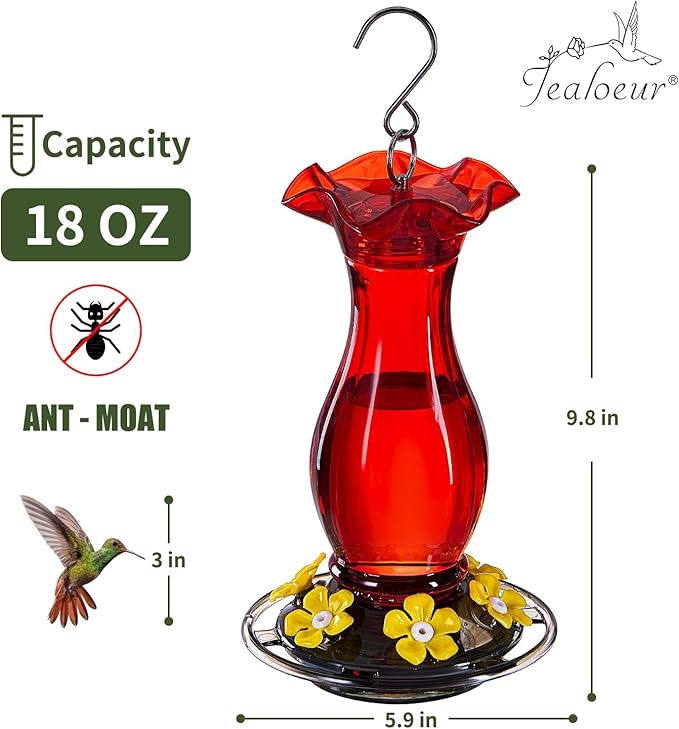 Jealoeur Hummingbird Feeder for Outdoors Hanging, 18 OZ Humming Birds Feeders with 6 Bee Guard Feeding Ports & Built-in Ant Moat, Easy to Clean, Durable Outdoor Garden Decor (Red 2 Pack-CC)