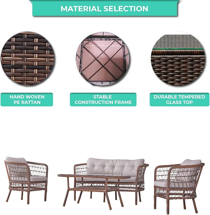 Angora Tea Set Rattan Outdoor Furniture Set – Stylish Garden and Patio Set with Table, Double Chair, and 2 Single Armchairs, Conversation Sets Best for Yard, Pool or Backyard, Brown