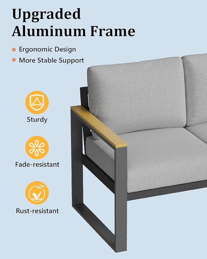 Garvee Aluminum Outdoor Patio Furniture Set with Coffee Table | 5 Piece Patio Conversation Sets with Washable Thick Cushions, Outdoor Sectional Furniture Set for Porch, Balcony, Deck, Yard,
