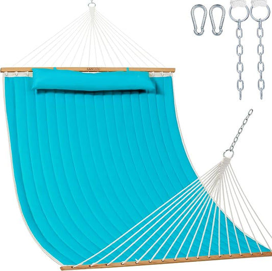 Lazy Daze Hammocks 12 FT Double Quilted Fabric Hammock with Spreader Bar and Detachable Pillow, 2 Person Hammock for Outdoor Outside Patio Garden Yard Pool Beach, 450lbs Weight Capacity (Blue)