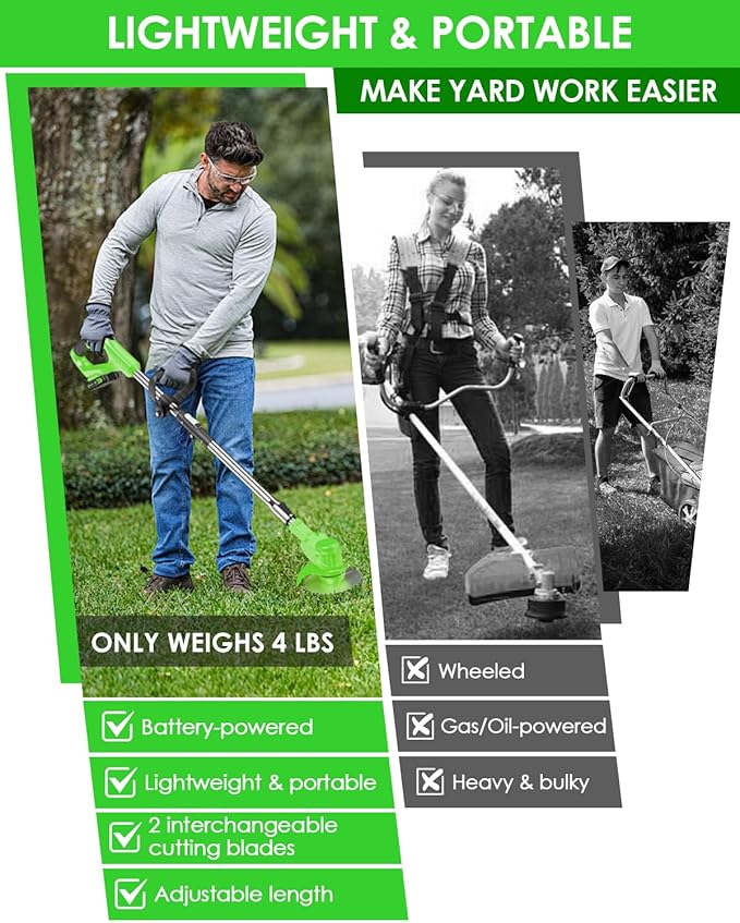 Cordless Weed Wacker, 2-in-1 stringless Weed Wacker, Foldable 2.0Ah Battery Powered Weed Trimmer Stringless Grass Trimmer/Edger Lawn Tool for Yard Lawns Garden