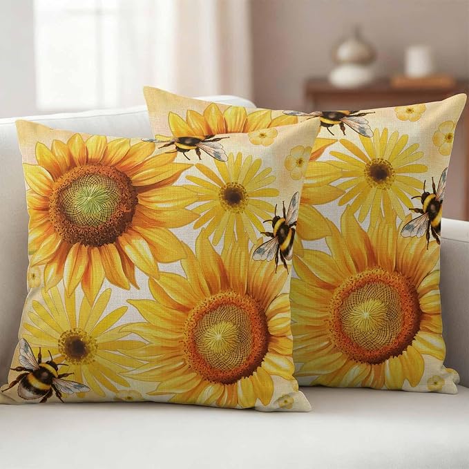Outdoor Throw Pillow Covers,Farmhouse Sunflower Bee on Linen Waterproof Decorative Pillowcases Cushion Cover Retro Pastoral Yellow Flower Pillow Cases for Patio Couch Sofa Bed,20x20in Set of 2