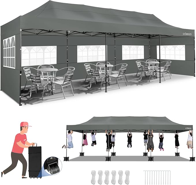 COBIZI 10x30 Pop up Canopy Tent Heavy Duty Without Sidewalls, Easy Set-up Commercial Outdoor Party Tents, 100% Waterproof Wedding Tent Gazebo, 3 Height Adjustable with Wheeled Bag, Gray