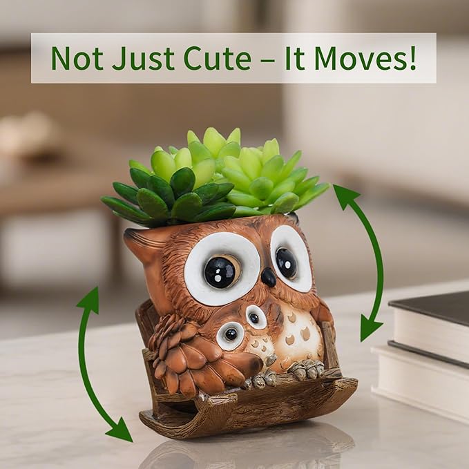Saysmile Unique Owl Plant Pots Indoor, Cute Small Succulent Pots with Drainage Hole, Rocking Chair Planters for Outdoor Indoor Plants, Resin Flower Pot for String of Pearls, Gift Ideas for Mother