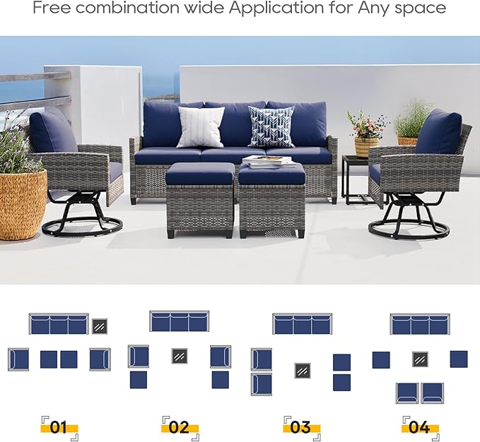 6 Piece Outdoor Furniture Set, Rattan Patio Furniture with 2 Swivel Chairs, 3-Seat Sofa, 2 Ottoman & Side Table, All-Weather Conversation Set for Porch Garden Lawn Balcony (Gray & Blue)
