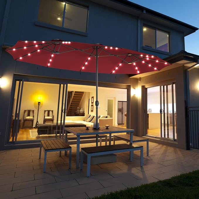 Tangkula 15 Ft Solar Patio Umbrella with Base, Extra Large Outdoor Double-Sided Twin Umbrella with 36 LED Lights & Crank Handle for Garden, Deck, Poolside, Patio (Burgundy)