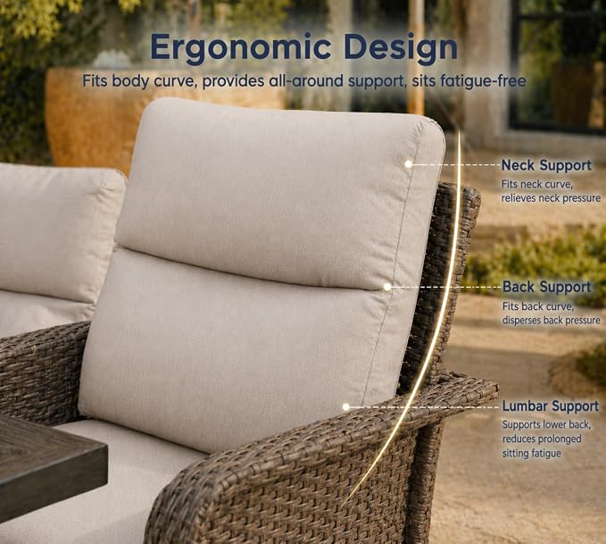 XIAO WEI 8-Piece Outdoor Furniture Set with Fire Pit Table, Wicker Patio Conversation Set with Cushions & Swivel Glide Chairs, All-Weather Patio Furniture Set for Backyard, Garden, Deck (Beige)