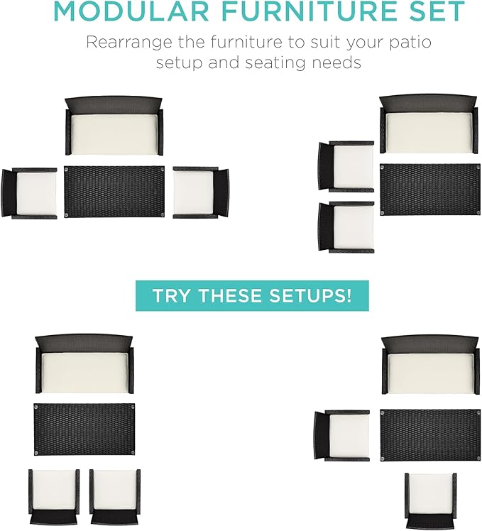 Best Choice Products 4-Piece Outdoor Wicker Patio Conversation Furniture Set for Backyard w/Coffee Table, Seat Cushions - Black/White Sand