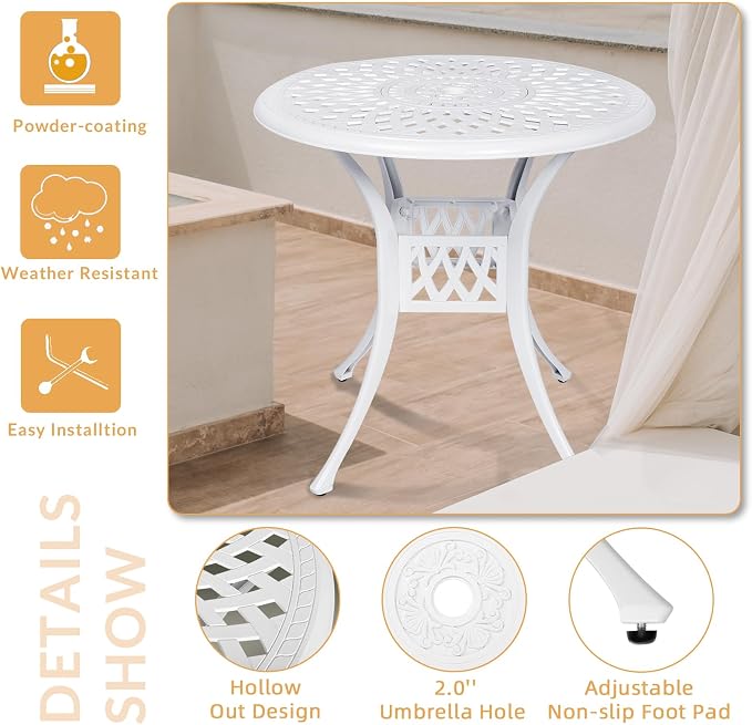 3-Piece Outdoor Patio Dining Set, All-Weather Cast Aluminum Patio Furniture Set for Backyard Garden Deck with 2 Swivel Cushioned Chairs and 31” Round Table, 2" Umbrella Hole, White