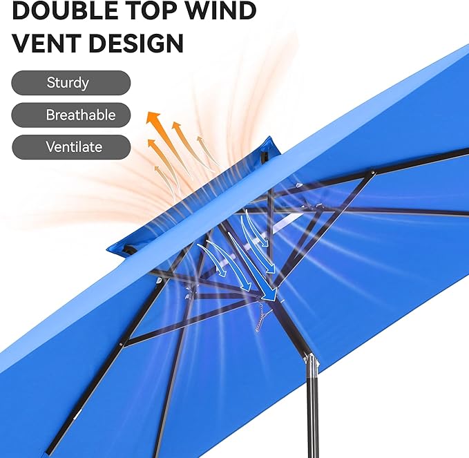6.6 x 10 ft Rectangular Patio Umbrella, Outdoor Market Table Umbrella with Push Button Tilt and Crank, Double-Tier Vent, 6 Ribs, Rectangle Patio Umbrella for Backyard, Deck, Pool, Fits 4–6 Chairs and Tables (Blue)