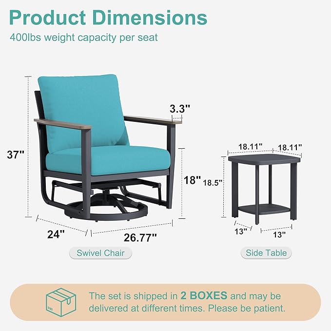 6-Piece Aluminum Patio Rocking Swivel Chair Outdoor Bistro Set, Patio Conversation Set Outdoor Patio Furniture Set with High Backrest & Thickened Cushions for Garden, Deck and Balcony, Turquoise
