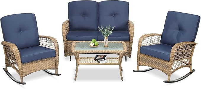 VIVIJASON 4-Piece Outdoor Patio Wicker Conversation Sets, All Weather Outdoor Rattan Furniture Set Includes Glider Loveseat, Coffee Table, 2 Rocking Chairs with Cushions for Backyard, Navy Blue