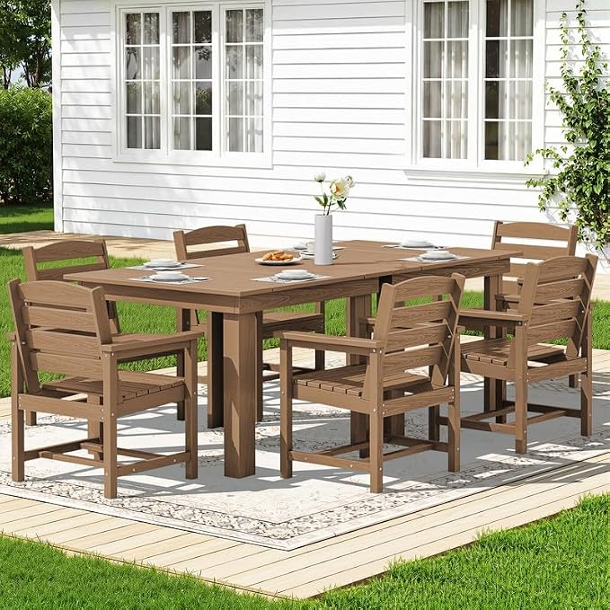 KINGYES 8-Piece HDPE Outdoor Dining Set for 6, Square Patio Table & Armchairs with Umbrella Hole, All-Weather Patio Dining Set for Backyard, Garden, Lawn & Poolside, Brown
