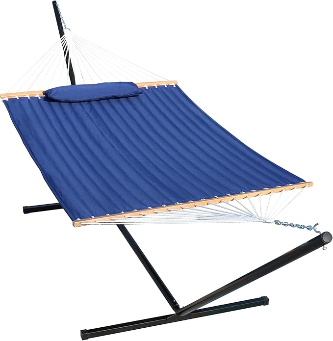 Lazy Daze Hammocks Double Quilted Hammock with Stand for Outside, 15 FT Heavy Duty Steel Stand, 2 Person Hammock for Porch Patio Garden Backyard, Max 450 lbs Capacity, Blue
