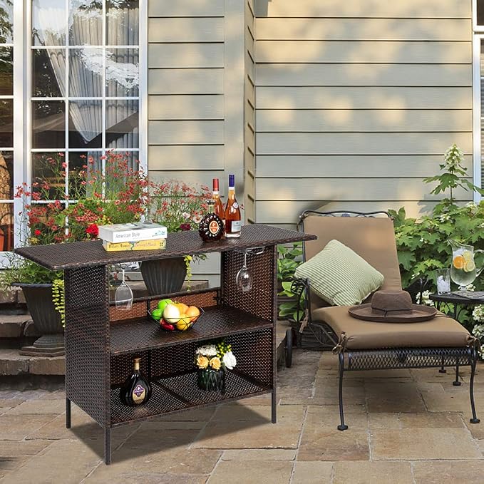 Bar Patio Rattan Counter Table, Outdoor Bar Table,Patio Bar Height Counter Table,Console Table for Hot Tub, Balcony, Yard,Outdoor Patio Wicker Bar Counter Table Backyard Furniture 140 x 47 x 92CM