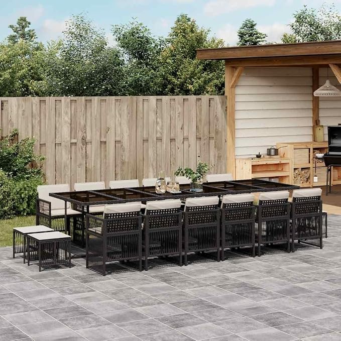 17 Piece Garden Dining Set, Black Patio Table and Chairs for 16 People, Outdoor Poly Rattan Dining Furniture for Backyard and Terrace, 41.7 x 129.9 x 28.7 Inches