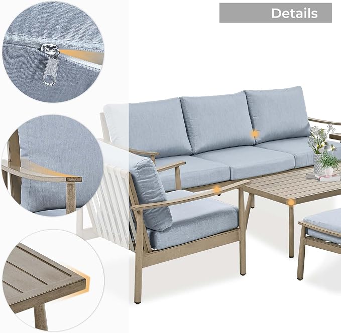 HAPPATIO Patio Outdoor Furniture Set - 7 Pieces Aluminum Outdoor Conversation Set Includes 1 Three-Seater Sofa, 1 Coffee Table, 1 Side Table, 2 Armchairs and 2 Ottomans for Porch Lawn (Brown)