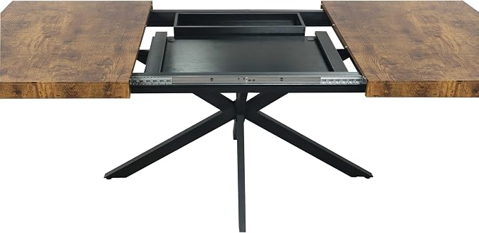 55.11" -70.86" Extendable Dining Room Table, Retro Folding Dining Tables for 4-6 People with Antique Wood Top/Black Fine Sand Cross Iron Foot Base/Storage Box, Black Brown