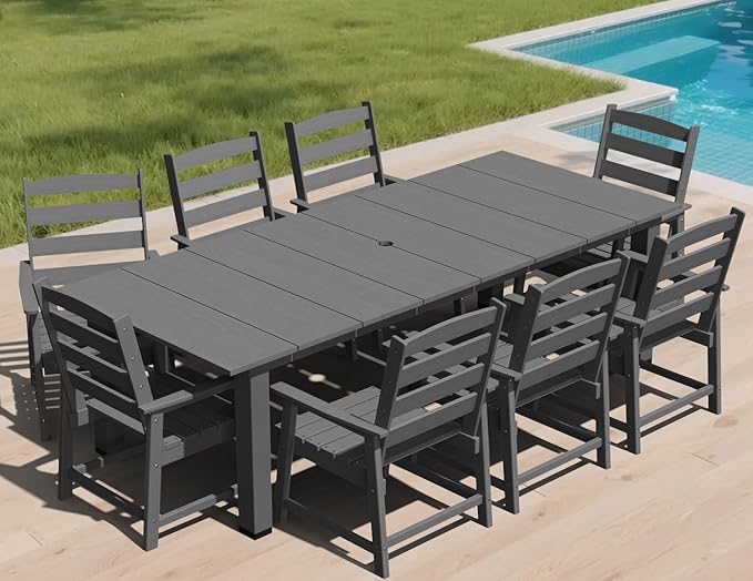 LOUNZY 9 Pieces Patio Dining Sets, 90'' Table Outdoor HDPE Furniture Set w/ 2" Hole Cut-Out Dining Table with 8 Patio Chairs for Lawn, Pool and Yard, Gray