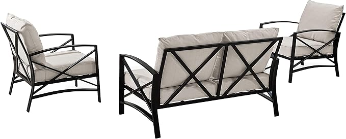 Crosley Furniture Kaplan 3-Piece Outdoor Loveseat Patio Furniture Set, Conversation Sets for Porch, Deck, Oiled Bronze with Oatmeal Cushions