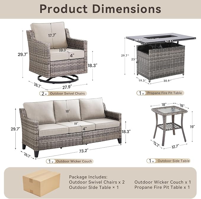 Outdoor Patio Furniture Set with 42.5" Fire Pit Table-5 Pieces All Weather Wicker Outdoor Furniture with High Back Swivel Patio Chairs Set of 2 Outdoor Patio Conversation for Deck Backyard Beige/Gray