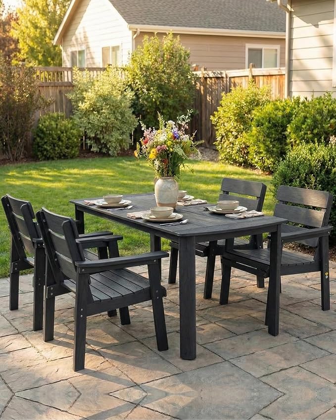 5-Piece Outdoor Dining Set, All-Weather HIPS Patio Table & Chairs for 4, Outdoor Furniture with Umbrella Hole, Ideal for Garden, Poolside, Backyard, Deck, Black