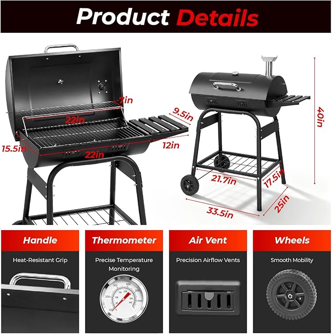 VINGLI Upgraded Barrel Charcoal Grill with 2 Sides Table, BBQ Grill Outdoor Smoker with Wheels for Party Garden Patio and Backyard Cooking 39''D × 24''W × 46''H (Upgraded Grill w/Side Table)