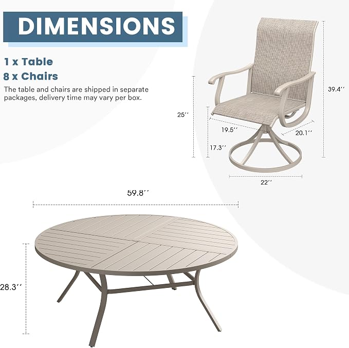 DIFY Patio Table and Chairs Set for 8, 9 Piece Outdoor Dining Set Includes 59.8" Round Metal Dining Table with Umbrella Hole and 8 Textilene Swivel Patio Chairs, for Garden Backyard Deck, Sandshell