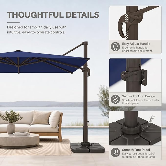 Cantilever Patio Umbrella, Large Square Outdoor Offset Umbrella with Aluminum Pole, 360-degree Rotation for Garden, Deck, Pool