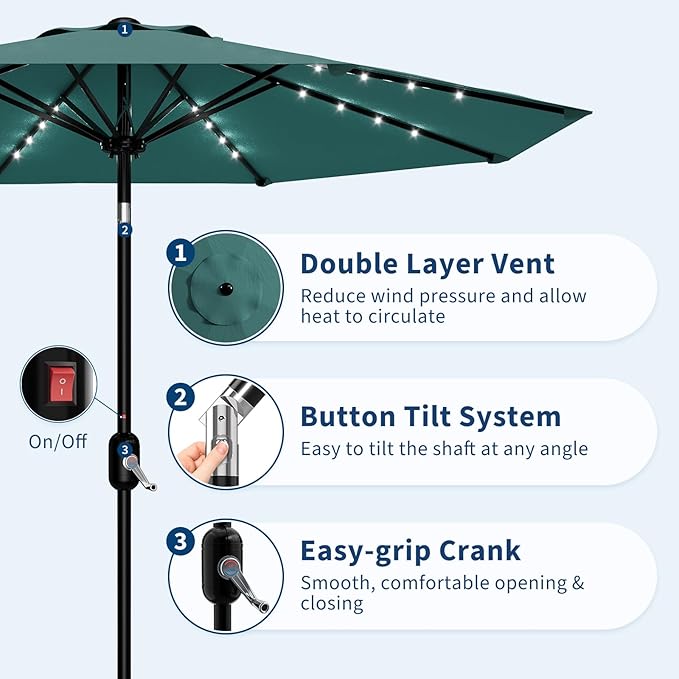 9FT Outdoor Patio Umbrella, 8 Ribs Market Table Umbrella with Solar Light & Tilt & Crank, UV-Resistant Waterproof for Pool, Deck, Backyard, Turquoise Blue