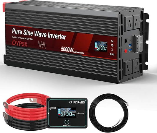 5000W Power Inverter 12V to 110V 120V AC Pure Sine Wave Inverters for RV Truck Camping,Outdoor Off-Grid Power Converter with LCD Display,Wired Controller,AC Outlets USB Ports(12V-5000Watt)