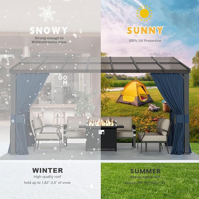 10' x 14' Lean to Gazebo,Large Wall Mount Heavy Duty Gazebos Pavilion,Outdoor Hardtop Pergola Shelter with Curtains and Netting,Sunshade for Patio Garden Lawn Backyard Deck,Navy Blue