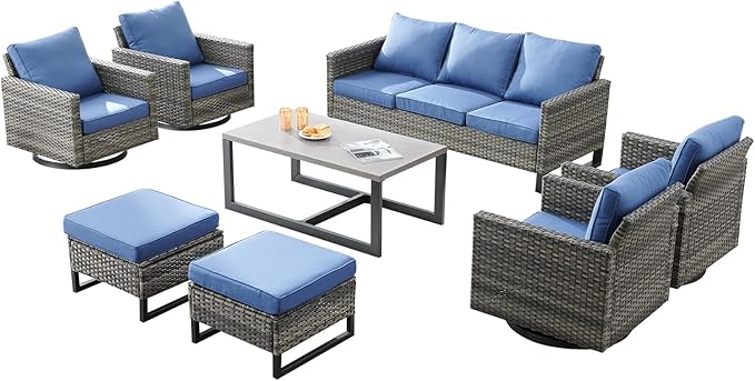 Wicker Outdoor Patio Furniture Set - 8 Piece Patio Conversation Set with 4 Swivel Rocker Chairs,2 Rattan Ottoman,1 Couch and 1 Metal Coffee Table for Outside Porch Deck Backyard(Mixed Grey/Blue)