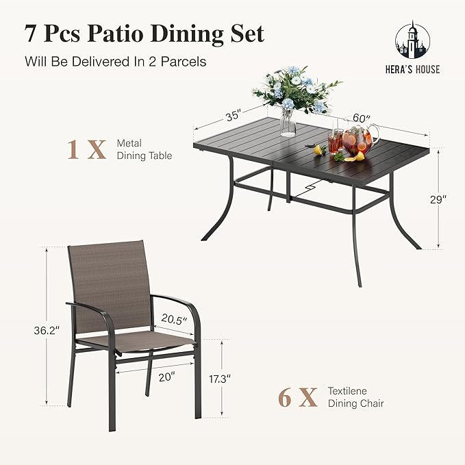 HERA'S HOUSE 7 PCS Patio Dining Set, All-Weather Outdoor Table Chairs Set, 6 x Patio Dining Chairs, Rectangular Metal Table with Umbrella Hole for Yard Garden Porch Deck (Brown)
