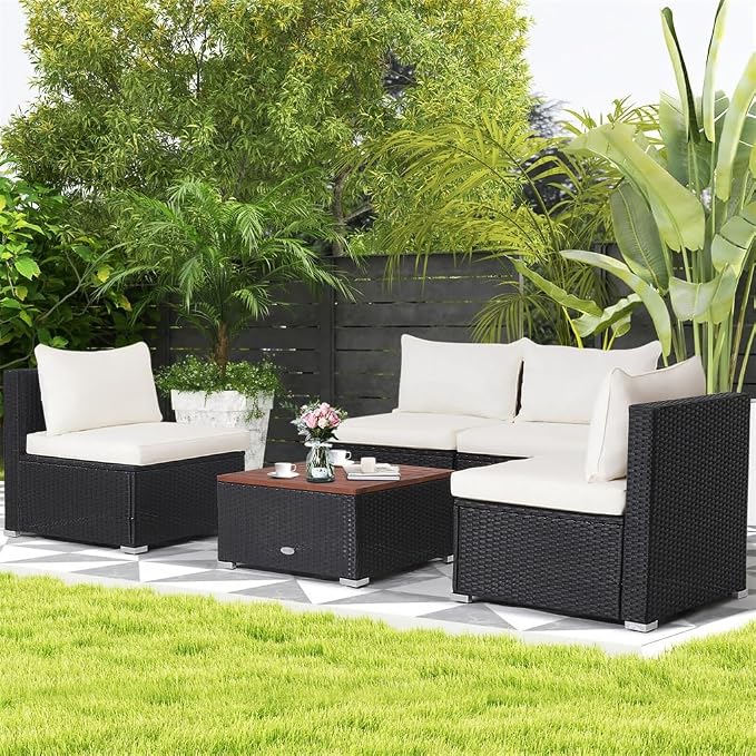 5PCS Patio Rattan Furniture Set Acacia Wood Table Top Sofa Cushion Deck