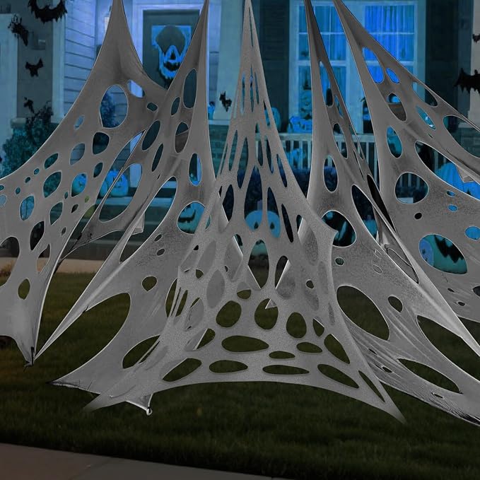 1000 Sqft （After Streched with Holes） Grey Uncut Giant Spider Web Halloween Decorations Outdoor with 10 Ground Nails Stretchy Beef Cloth Netting DIY Flexible Elastic for Yard Party Decor