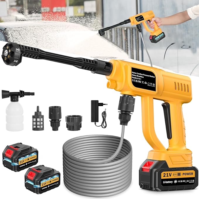 Cordless Pressure Washer, 1700PSI Portable Cordless Power Washer with 6-in-1 Nozzle, 21V Hand Held Pressure Washer with 2 Battery, Electric Power Cleaner Battery Powered Pressure washers for Car/Home