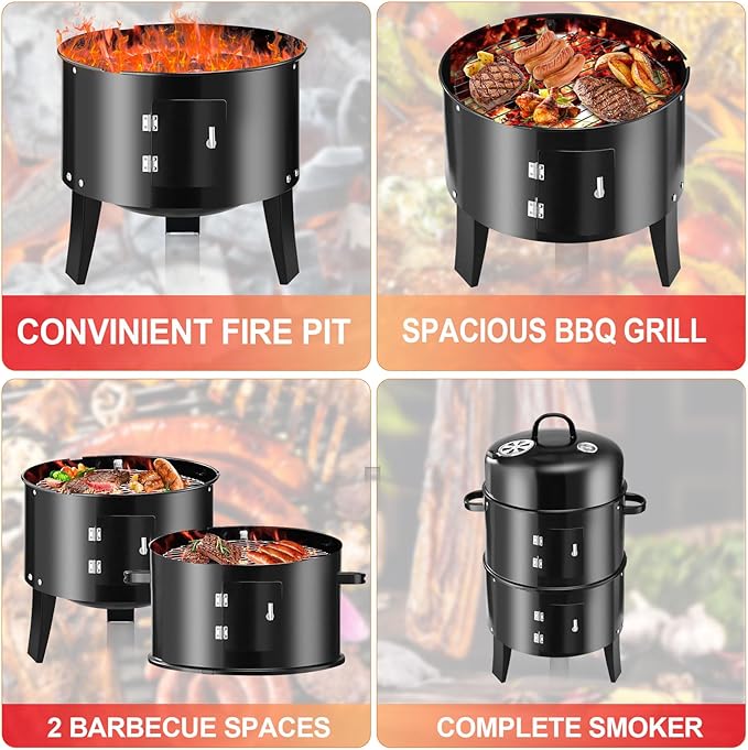 T001-2 19-inch BBQ Charcoal Smoker, Heavy Duty Round Smoking-Vertical Multi-Layer Pellet Smoker for Meats-Offset Charcoal Grill with Thermometer, Black