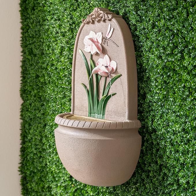 XBrand 31" in H Outdoor Wall Water Fountain with Pump- Pink Flower with Dragonfly Design with Mesh Guard