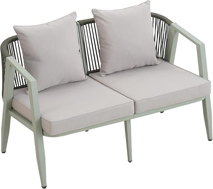 GDFStudio Aoxwe 4 Piece Outdoor Conversation Set, Rope Woven Club Chairs, Woven Open Back Loveseat, Slats Panel Design Coffee Table, Iron Frame Sectional Conversation Set for Poolside, Green