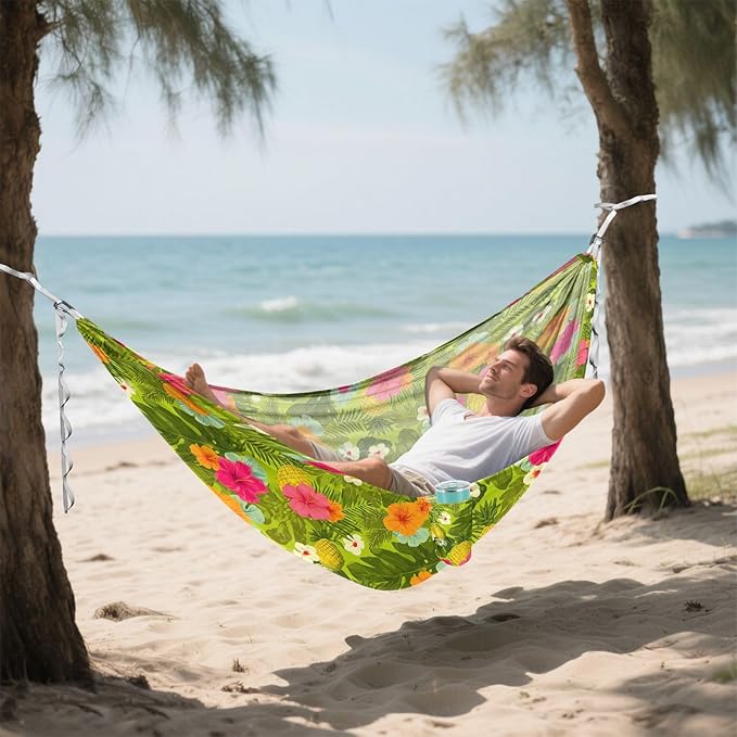 Camping Hammock Outdoor Hammocks for Outside Hibiscus Pineapple Green Beach Trees Portable Lightweight with Pockets Tree Straps Indoor