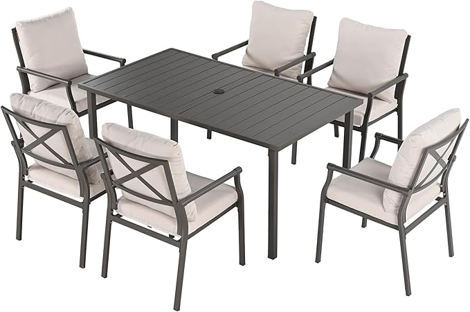 HAPPATIO Patio Dining Set, Metal Outdoor Table and Chairs Set for 6, Powder-Coated Metal Chairs with Thickened Cushions, 60" Rectangular Table with 1.5" Umbrella Hole for Deck Backyard Lawn