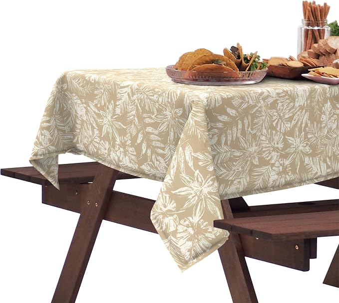 DYTXIII Outdoor Rectangle Tablecloth with Umbrella Hole and Zipper 84" x 60", Water Repellent Floral Picnic Cover, Fade & Wrinkle Resistant Tablecloth for Patio/Garden/Party Table, Tropical Leaf Oat