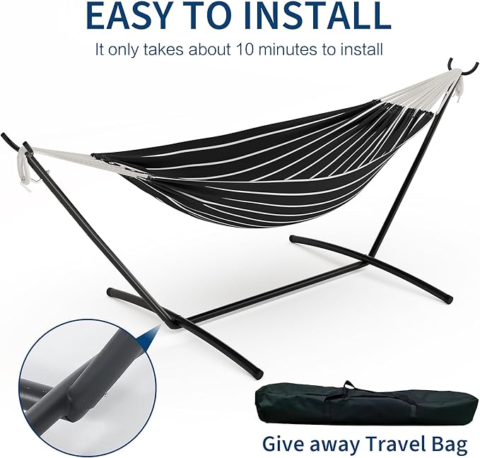 Double Hammock with Stand - Heavy Duty 450lbs Capacity, Portable Cotton Hammock for Two Adults, Indoor & Outdoor Use with Travel Bag, Chasm Stripe Pattern